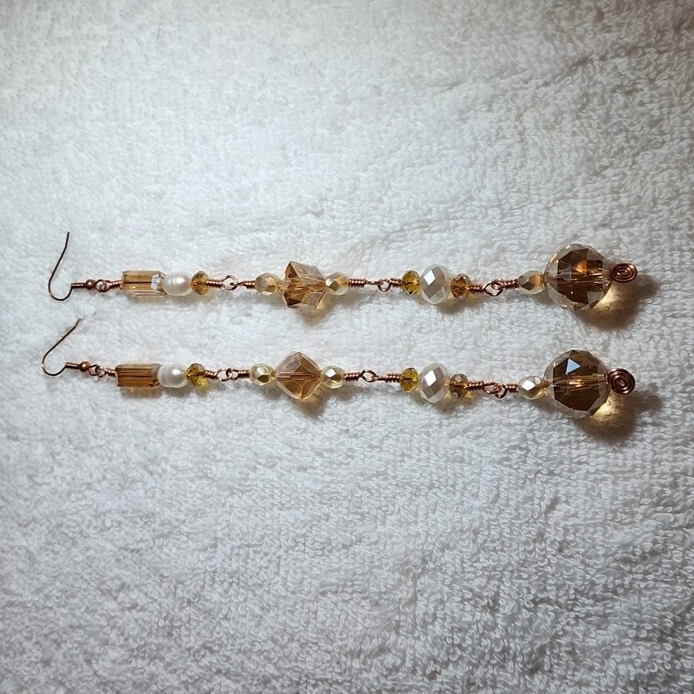 Long dangle champagne crystal and copper earrings